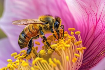 A bee perched on the vibrant petals of a pink flower, feeding on nectar, Bee collecting pollen from an open flower, AI Generated
