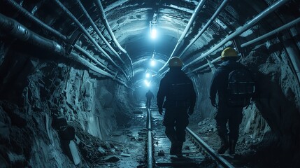 Helmeted miners shifting in a dimly lit tunnel below the surface and big copy space, Generative AI.