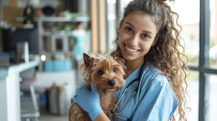 smiling female veterinarian in blue scrubs holding a small, attentive dog