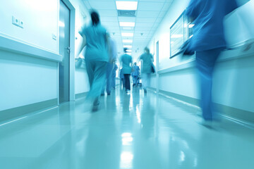 Fototapeta premium Doctors and medical staff walk down in hospital, Busy corridor in medical clinic with motion blur effect