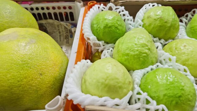 Fresh green guava or custard apple on display on local fruit market selling in the local market