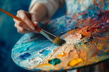 Paintbrush in woman hands mixing paints on palette, Artist works in creative studio