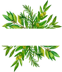 Watercolor hand painted banner with green leaves and branches. Spring or summer flowers for invitation, wedding or greeting cards. Floral design for wedding invitations, greeting cards, prints.