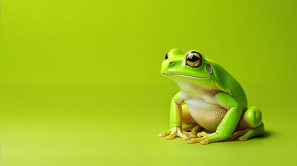 Obraz premium Green frog on green background with copy space