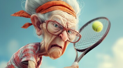 Tennis Queen Granny: Caricature Illustrating a Grandmother's Tennis Skills, Crafted with Generative AI
