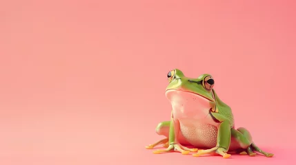 Tuinposter Green frog on pink background with copy space © kitti