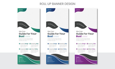 Creative corporate business roll up banner bundle template, x rollup pullup pop up signage retractable banner.3 color set of gradient layout with print ready design.