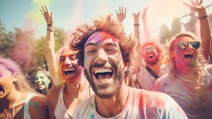  Holi festival. A big group of young people celebrating outside summer festival in the daytime laughing with joyful joy splashing colors - obrazy, fototapety, plakaty