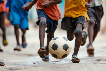 Naklejka premium African children playing soccer at street. Black boys having fun in poor village. Cropped image of legs kicking ball