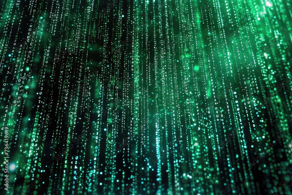 Poster a photo depicting a multitude of green and white dots arranged on a black background, binary code fa