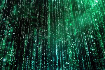 A photo depicting a multitude of green and white dots arranged on a black background, Binary code falling like rain in the Matrix, AI Generated