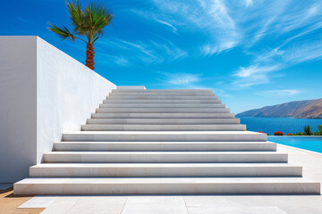 Architectural Elegance: Modern Staircase Design.
Stylish modern staircase leading to a luxurious destination with clear skies.