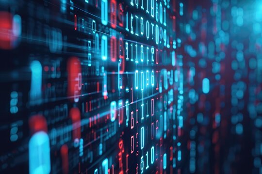 A close-up photograph capturing a computer screen filled with an overwhelming amount of numerical data, Binary code forming a digital glitch effect, AI Generated