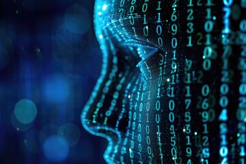 A close-up photo of a persons head with numbers emerging from it, Binary code forming the outline of a face, AI Generated