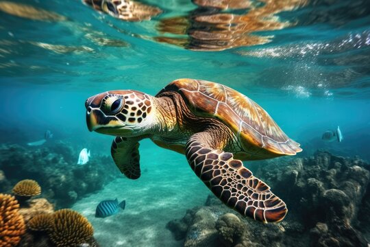 Turtles swimming in the ocean, Underwater wildlife panorama Coral reef with wild sea turtles and fish, tropical ocean underwater life, Ai generated