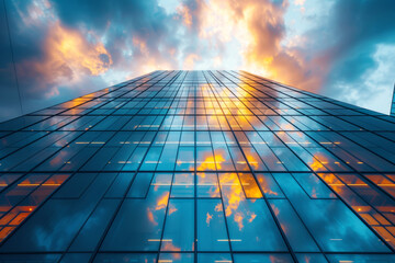 Skyward View of Glass Skyscraper Against Dramatic Sky.
Low angle view of modern skyscraper with sky reflection. - Powered by Adobe