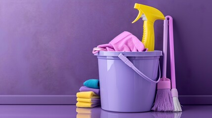 Home cleaning essentials ready for tidy up. purple bucket with mop and detergents. household chores concept with copy space. AI - obrazy, fototapety, plakaty