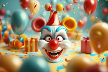 Funny clown on bright background with festive balloons. Banner for April Fools Day - obrazy, fototapety, plakaty