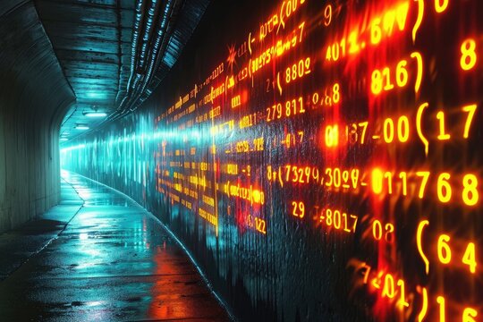A tunnel covered in a multitude of numbers stretching endlessly, creating a unique and visually striking pattern, Binary code in glowing neon graffiti style, AI Generated