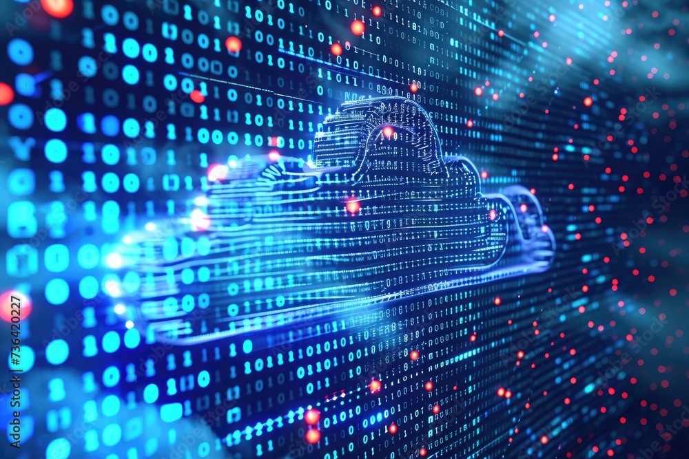 Poster a computer screen displaying a cloud icon, representing cloud computing or online storage, binary co