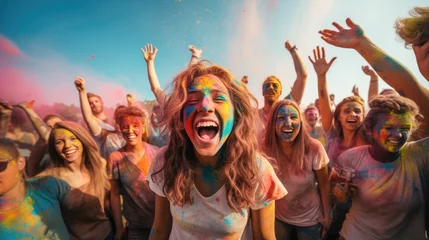Foto op Plexiglas  Holi festival. A big group of young people celebrating outside summer festival in the daytime laughing with joyful joy splashing colors © Ilmi