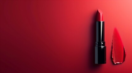 Elegant red lipstick on a vibrant red background. modern cosmetic product display. perfect for makeup artists and beauty ads. AI