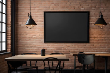 Front view blank black menu frame on a brick wall with lamp in loft cafe interior design, mockup 3d rendering design.