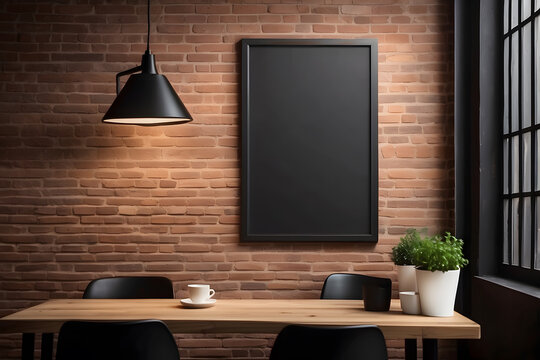 Front view blank black menu frame on a brick wall with lamp in loft cafe interior design, mockup 3d rendering design.