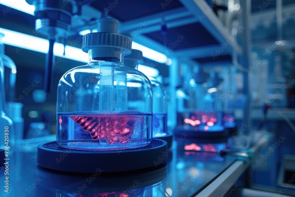 Poster a busy laboratory filled with rows of containers holding blue liquid and scientists working diligent
