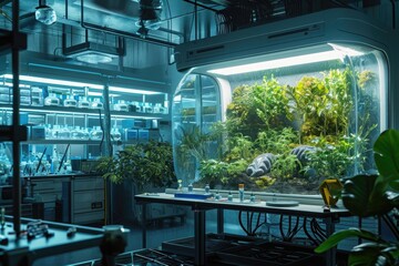 Naklejka premium This photo showcases a large aquarium filled with an abundance of thriving plants, creating a vibrant and dynamic underwater ecosystem, Bioengineered organism in a futuristic lab, AI Generated