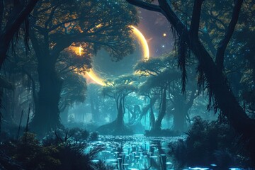 A vast forest teeming with numerous trees stretches along the banks of a winding river, creating a captivating natural scene, Bioluminescent forest on a distant alien planet, AI Generated