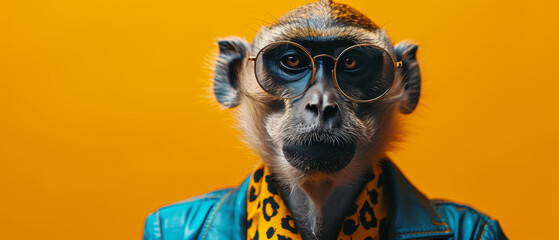 An intellectual primate struts through the jungle, donning a pair of glasses and a stylish blue jacket, showcasing the surprising sophistication of wildlife - obrazy, fototapety, plakaty