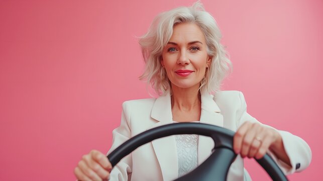 Image of an enchanting elderly lady holding the steering wheel over a pink backdrop and space, Generative AI.