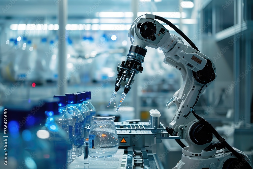 Poster a robot stands tall in front of a collection of bottles, showcasing its futuristic presence, biotech