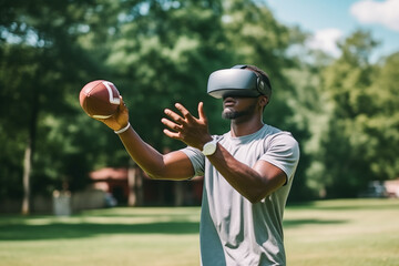 Man Wearing a VR Headset Holding a Football in His Right Hand