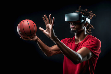 Man in Red Shirt Wearing a VR Headset Holding Basketball - Powered by Adobe