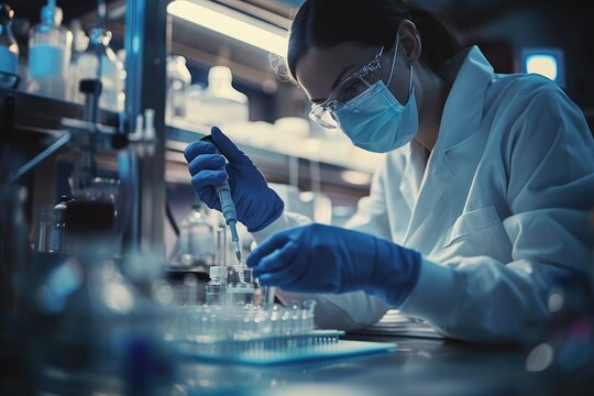 A professional woman wearing a lab coat and protective glasses diligently works on a pipe, Biotech researcher using CRISPR for gene editing, AI Generated