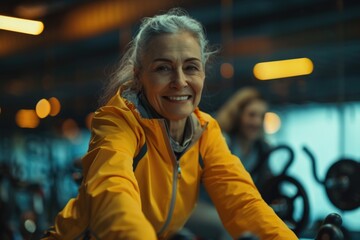 Smiling portrait of a senior woman on exercise bike in the gym - obrazy, fototapety, plakaty