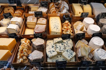 A display case showcasing a wide selection of different types of cheese, Bird-eye view of Moose Cheese displayed in a luxury market, AI Generated