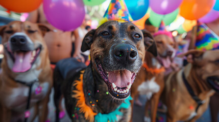 A festive pup donning a colorful party hat and garland, surrounded by balloons, celebrates in style as the life of the paw-ty . Festival . - obrazy, fototapety, plakaty