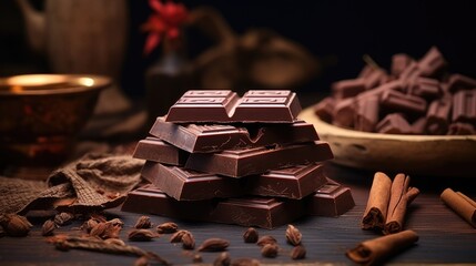 close up delicious chocolate bar. Appetizing chocolate made from natural cocoa. Dark chocolate on dark background