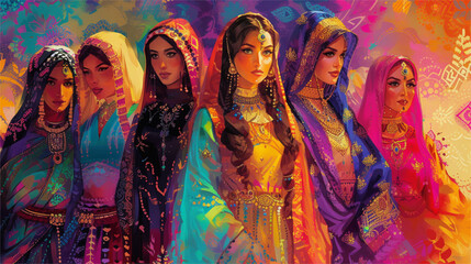 Digital painting of ethnic women in traditional attire - obrazy, fototapety, plakaty