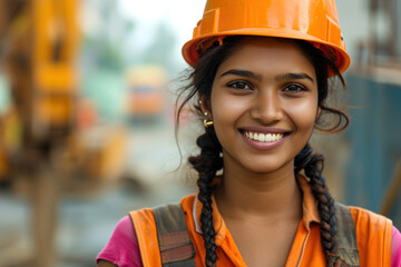 Indian woman wearing Construction worker uniform for safety on site