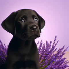  Cute young black labrador puppy looking up on a lavender purple background with space for copy