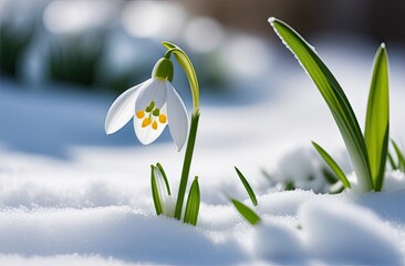 Beautiful snowdrop growing among the snow. Spring background with flowers, blurred bokeh, free place for text. Template for Birthday, Women's Day, Mother's Day. Floral picture.