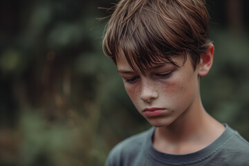 Portrait of a young boy with a pensive and sad expression on his face 