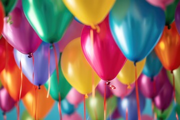 A joyful image capturing a multitude of vividly colored balloons gracefully floating in the air during a festive occasion, Birthday party balloons in a multitude of vibrant colors, AI Generated