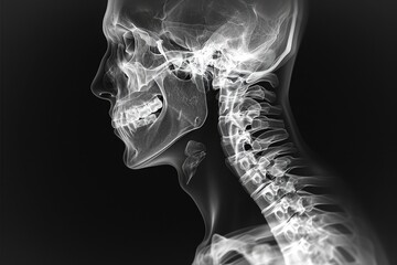 This x-ray image provides a detailed view of the anatomy of a human head and neck, revealing key structures and bone density, Black and white 3D X-ray film of the human neck region, AI Generated - obrazy, fototapety, plakaty