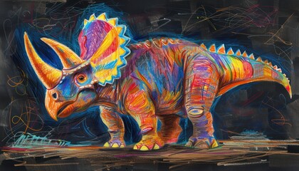 Extinct dinosaur Triceratops, child's drawing in a drawing book using crayons