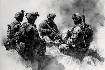 Group of Soldiers Standing in Formation With Rifles at Military Base, Black and white illustration of a group of Special Forces soldiers planning their mission, AI Generated